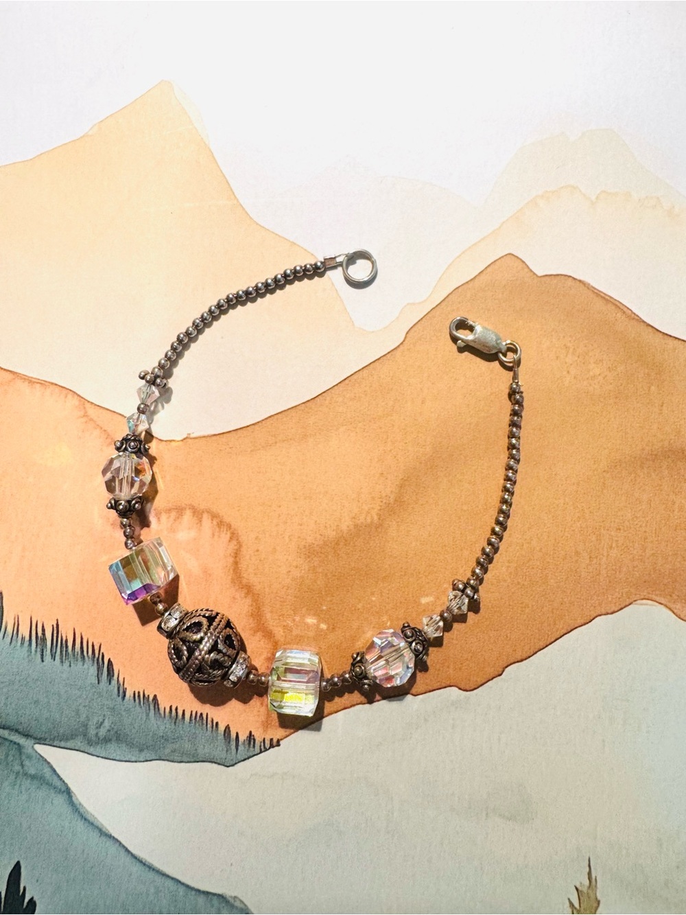 Iridescent Crystal Bead Bracelet with Filigree Accent - Clear